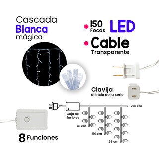 Foto 2 | Cascada Luz Led color Blanca Fría 150 Focos 8 Funciones Cable Transparente 2 M
