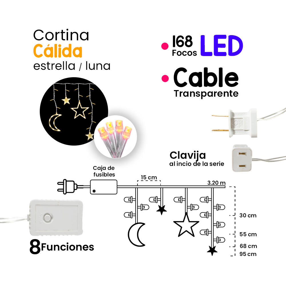 Foto 3 pulgar | Cortina Decorativa Luz Led Cálida de Estrella y Luna con 168 Focos y 8 Funciones