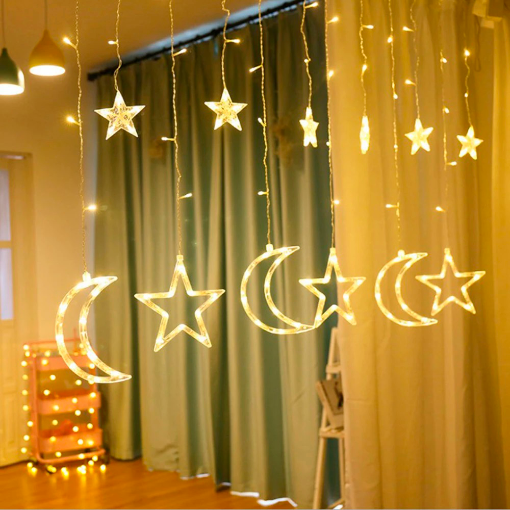 Foto 4 pulgar | Cortina Decorativa Luz Led Cálida de Estrella y Luna con 168 Focos y 8 Funciones