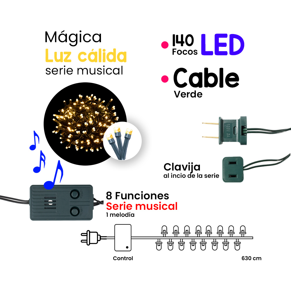 Foto 3 pulgar | Serie Musical Decorativa de Luz Led Cálida con 140 Focos y 8 Funciones