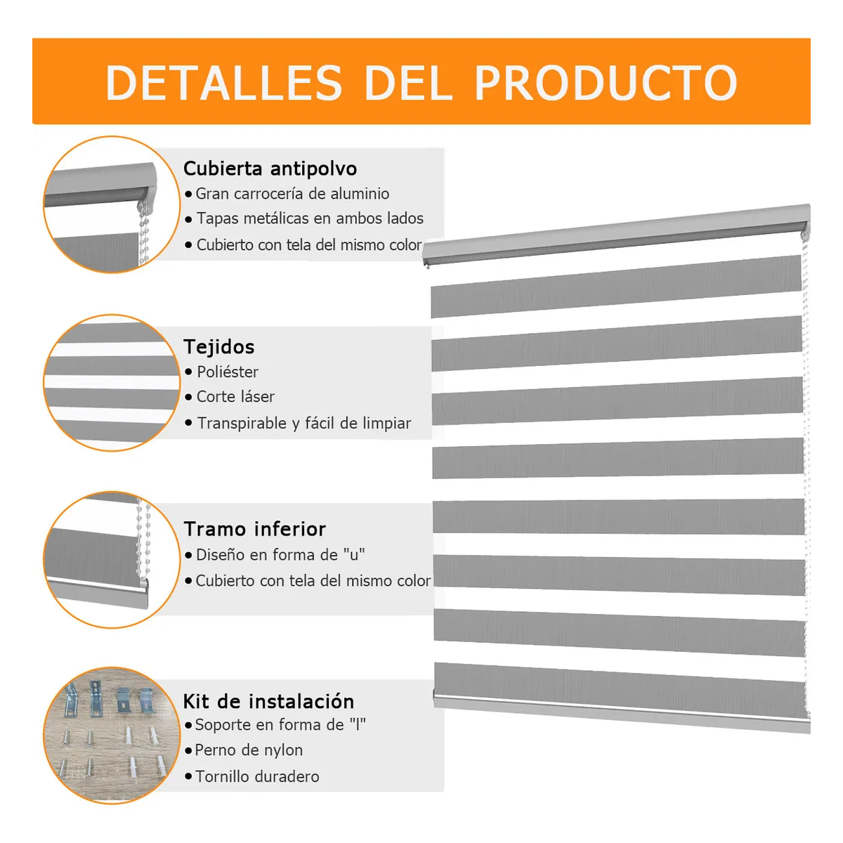Foto 4 pulgar | Persiana Doble Capa 100x200 Cm Enrollable Eo Safe Imports Esi-20471 Gris