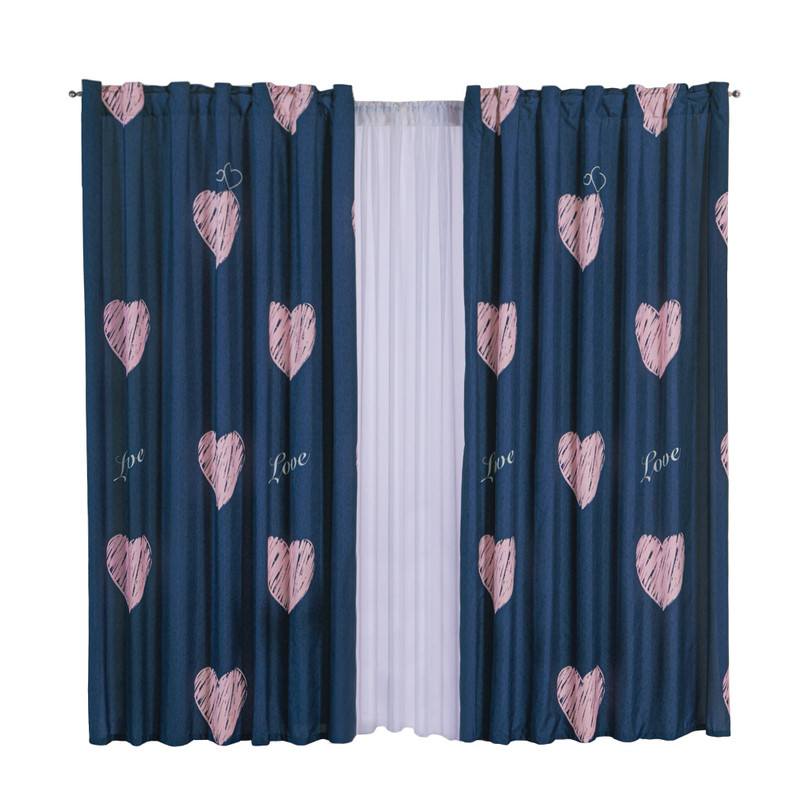 Cortina Decorativa Concord Azul Estampada Heart