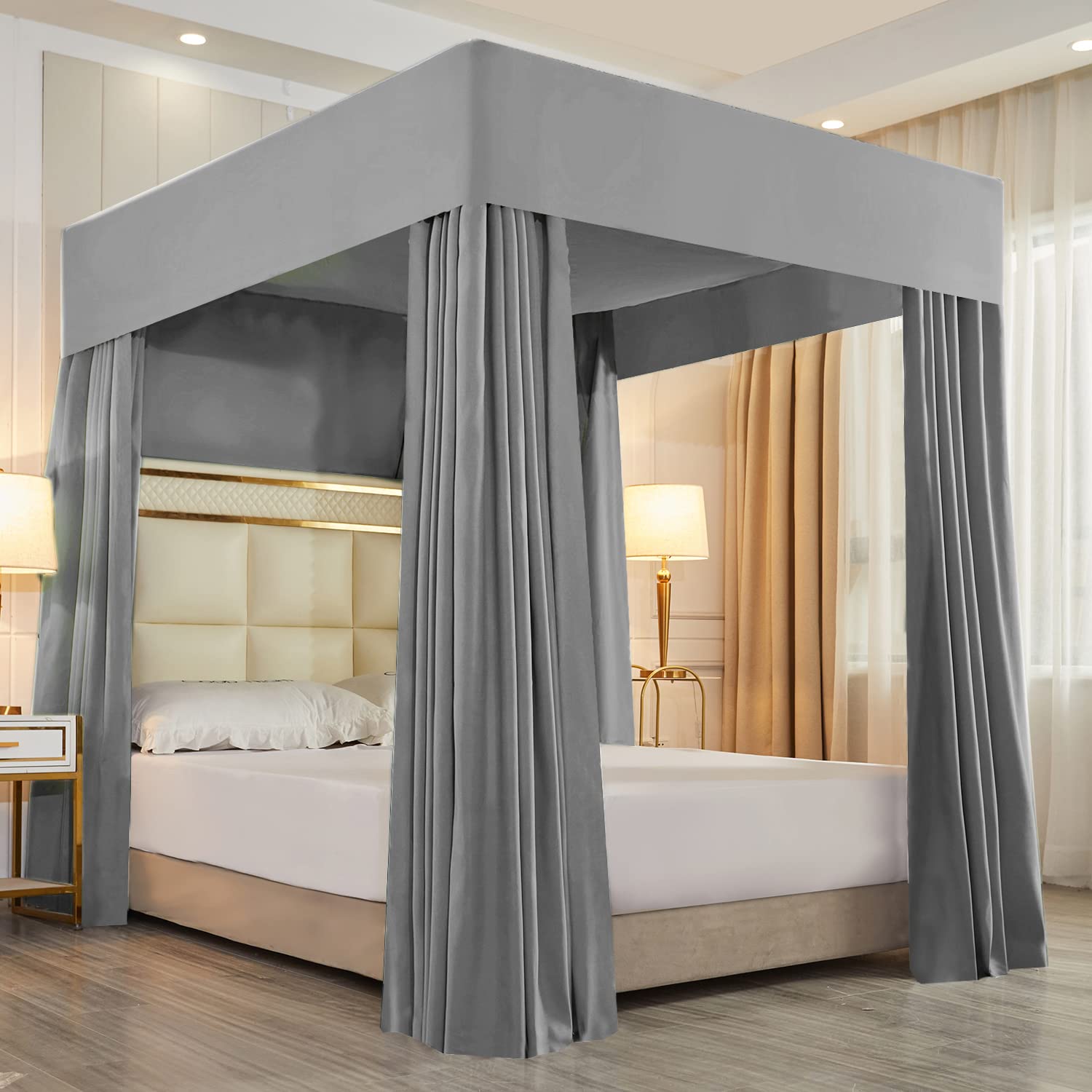 Cortinas De Cama Con Dosel Mengersi, Lisas, Con Cuatro Esquinas, Con Poste Transparente - Venta Internacional.