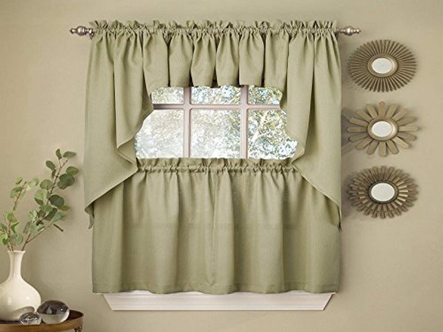 Foto 2 pulgar | Cortinas De Cocina De La Colección Sweet Home Opacas Con Cordón Acanalado, Color Salvia - Venta Internacional.