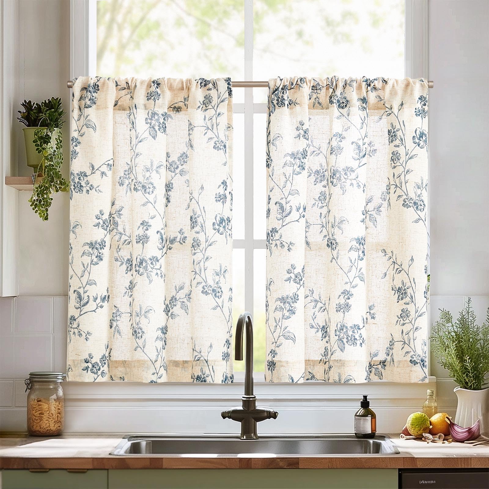Cortinas Jinchan Floral Kitchen, 36 Cm, Lino, Azul Sobre Beige - Venta Internacional.