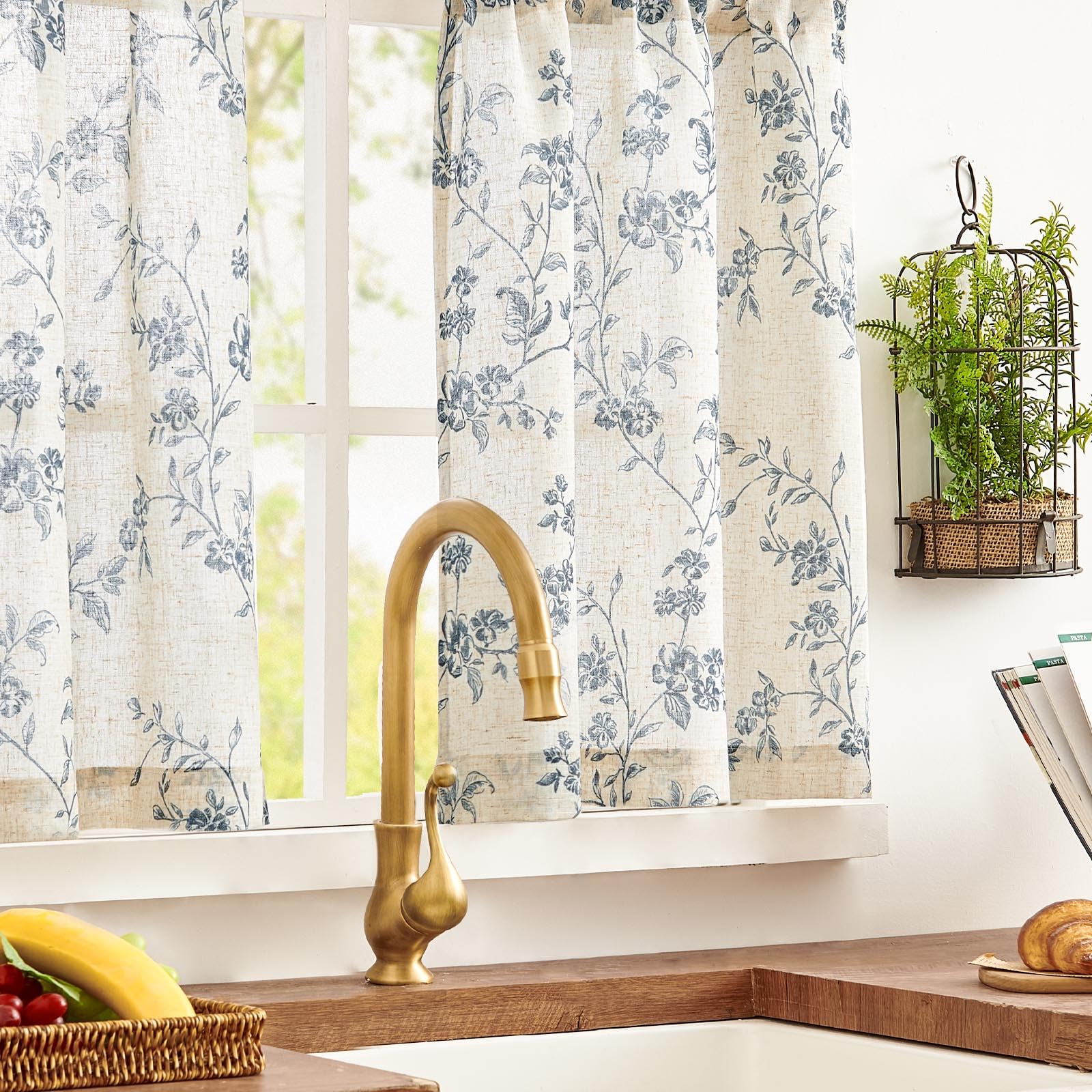Foto 3 pulgar | Cortinas Jinchan Floral Kitchen, 36 Cm, Lino, Azul Sobre Beige - Venta Internacional.