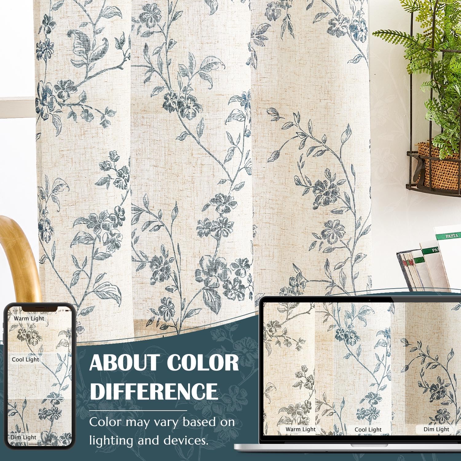 Foto 8 pulgar | Cortinas Jinchan Floral Kitchen, 36 Cm, Lino, Azul Sobre Beige - Venta Internacional.