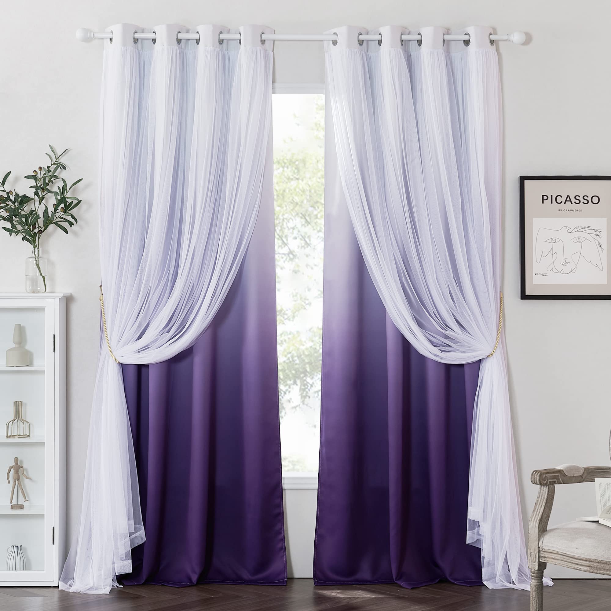 Cortinas Pony Dance, Color Morado Degradado, Opacas Y Blancas Transparentes - Venta Internacional.