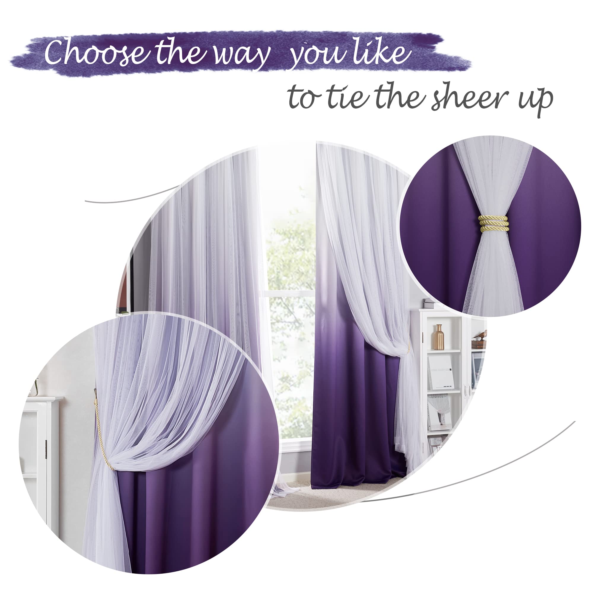 Foto 3 | Cortinas Pony Dance, Color Morado Degradado, Opacas Y Blancas Transparentes - Venta Internacional.