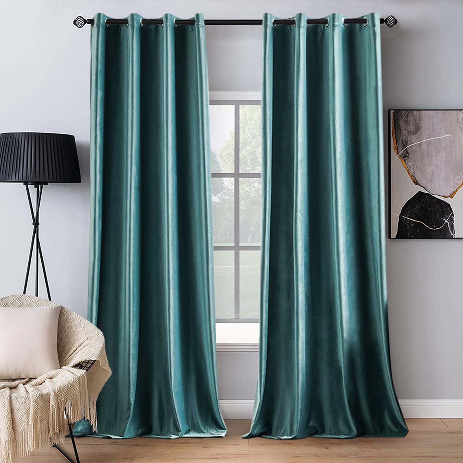 Cortinas de Terciopelo Opacas MIULEE 2 Paneles de 132 x 274 cm color Verde Azulado - Venta Internacional