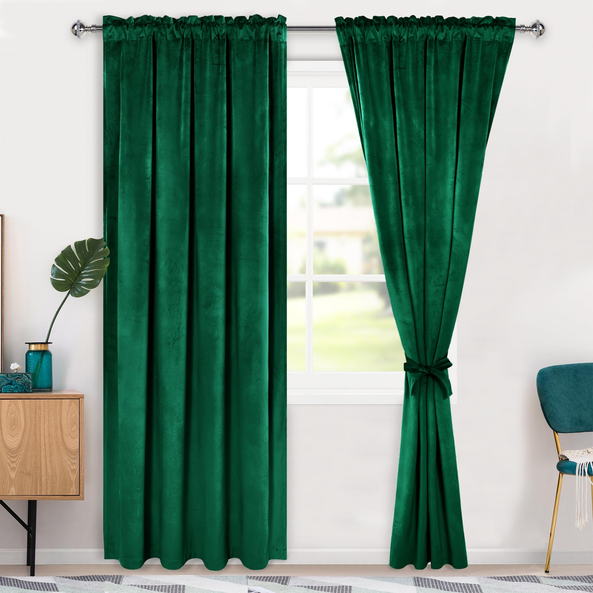 Cortinas Opacas de Terciopelo Verde Hiasan 229 x 229 cm con Alzapaños - Venta Internacional