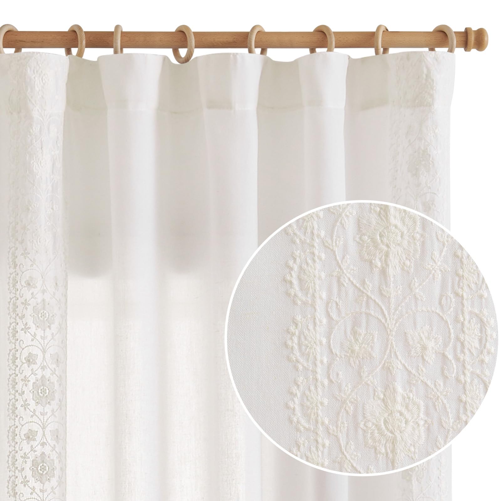 Cortinas Jinchan Boho En Mezcla De Lino, 214 Cm, Vintage Y Floral, Color Blanco - Venta Internacional.
