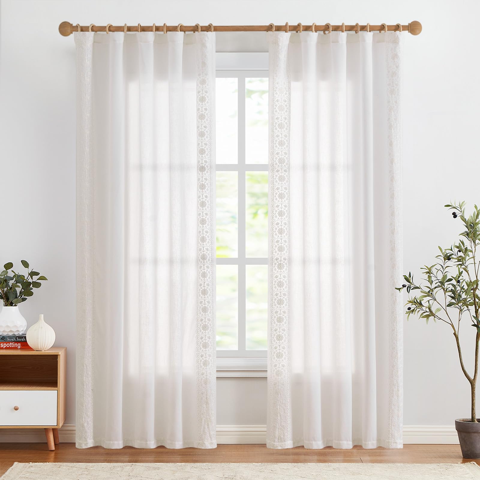Foto 2 | Cortinas Jinchan Boho En Mezcla De Lino, 214 Cm, Vintage Y Floral, Color Blanco - Venta Internacional.