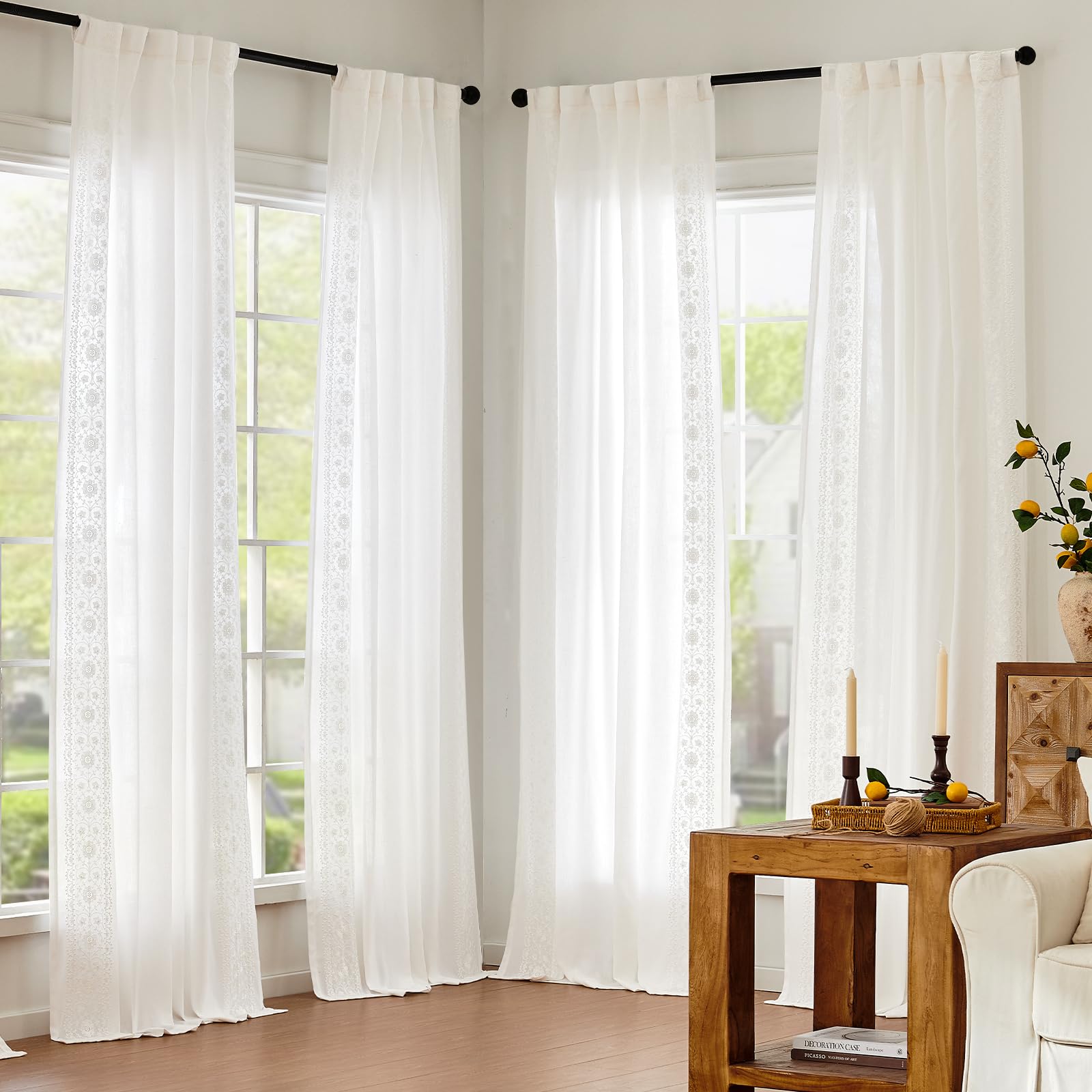 Foto 4 pulgar | Cortinas Jinchan Boho En Mezcla De Lino, 214 Cm, Vintage Y Floral, Color Blanco - Venta Internacional.