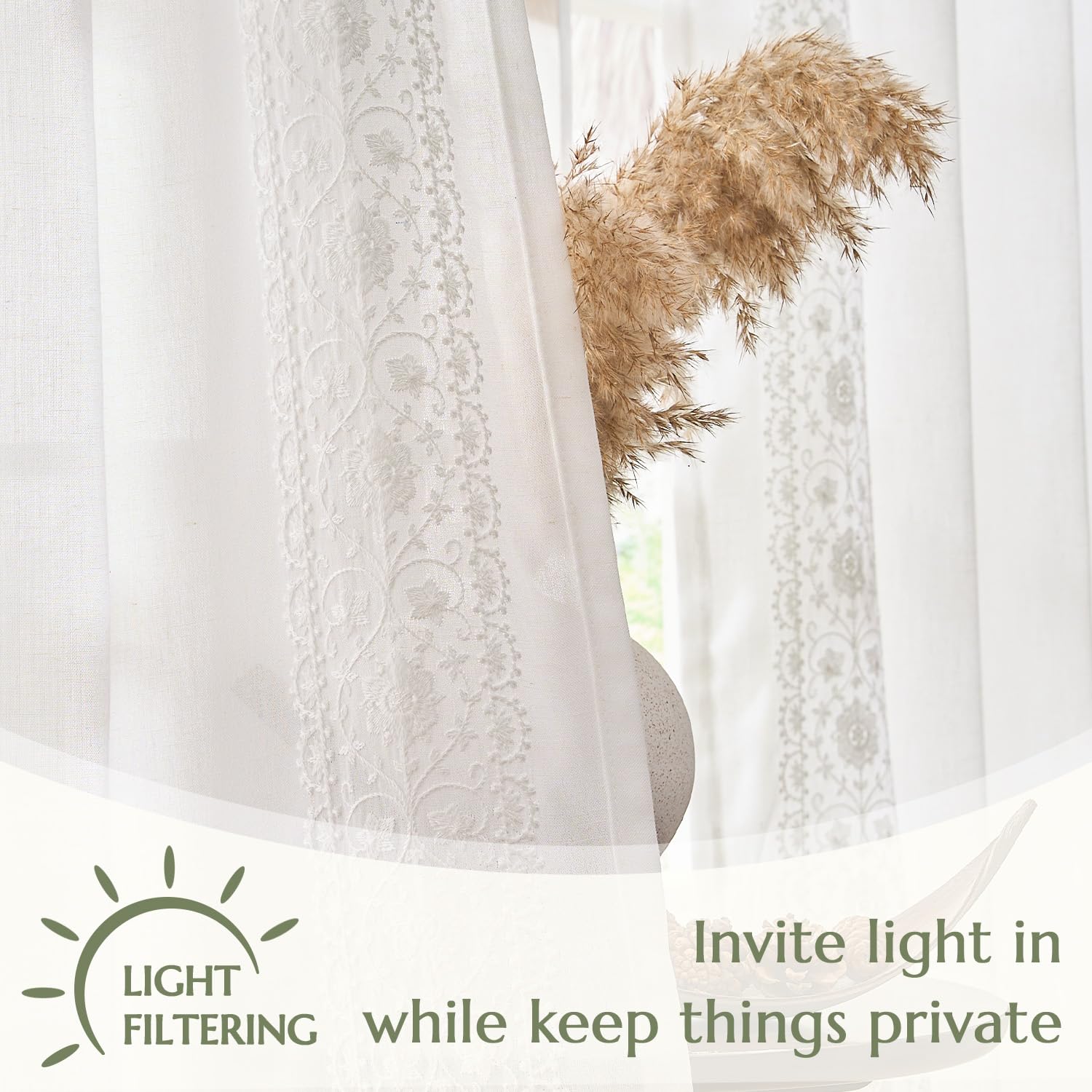 Foto 6 | Cortinas Jinchan Boho En Mezcla De Lino, 214 Cm, Vintage Y Floral, Color Blanco - Venta Internacional.
