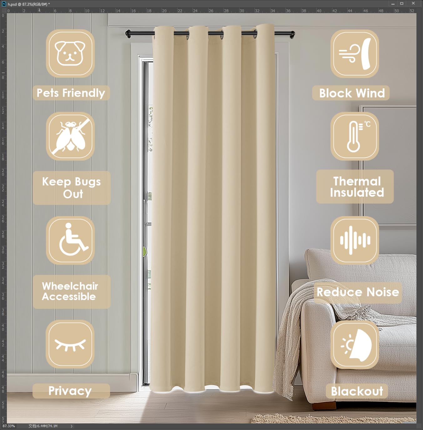 Foto 4 pulgar | Cortinas Opacas Chrisdowa Biscotti, Color Beige, 132 X 203 Cm, 1 Panel - Venta Internacional.