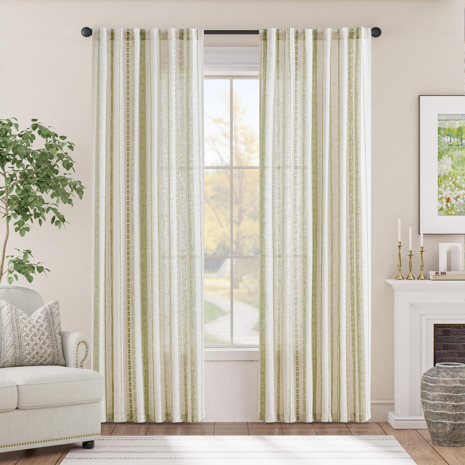 Foto 3 pulgar | Cortinas Jinchan, Mezcla De Lino, Estilo Bohemio, 214 X 213 Cm, Estampado Verde, Beige - Venta Internacional.