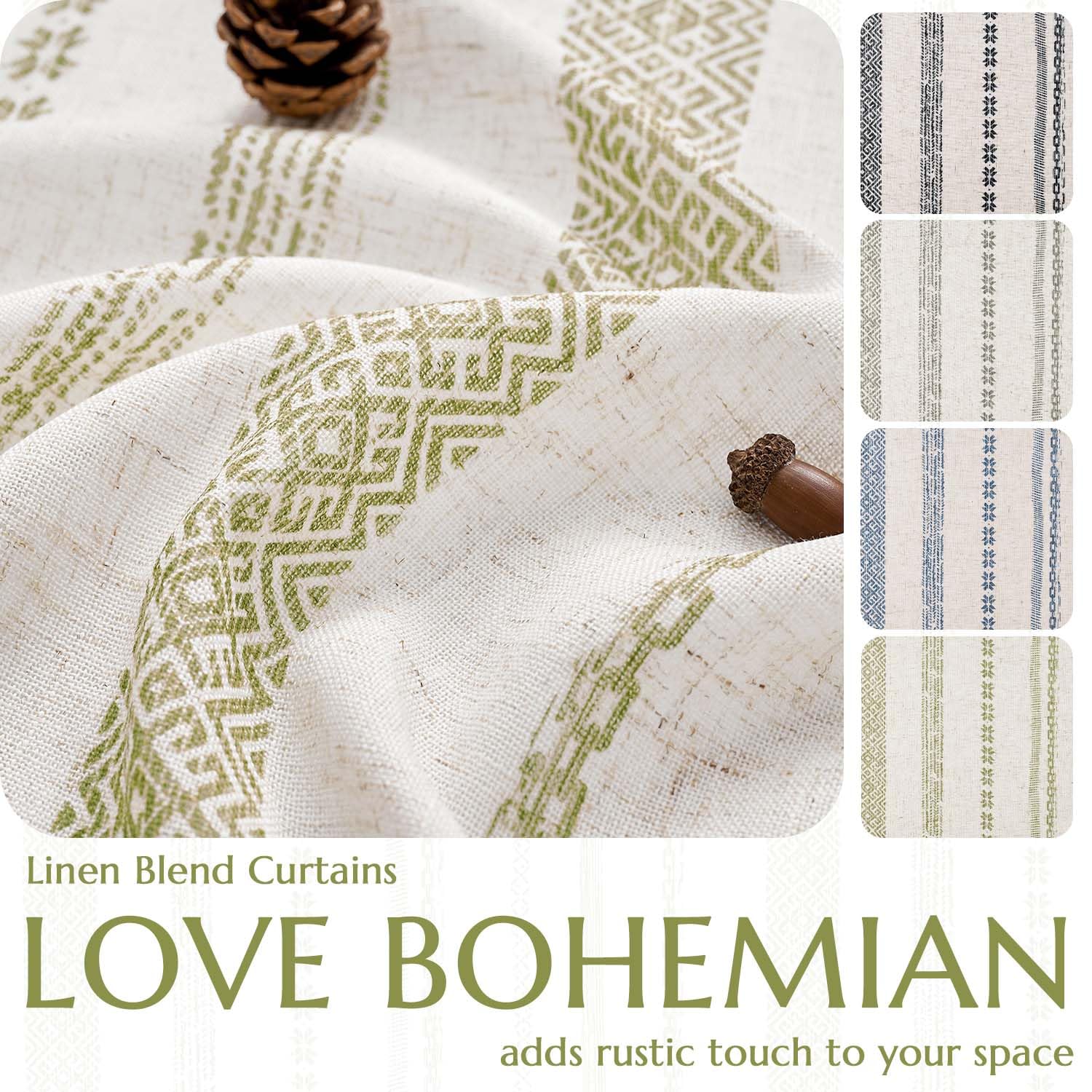 Foto 5 pulgar | Cortinas Jinchan, Mezcla De Lino, Estilo Bohemio, 214 X 213 Cm, Estampado Verde, Beige - Venta Internacional.