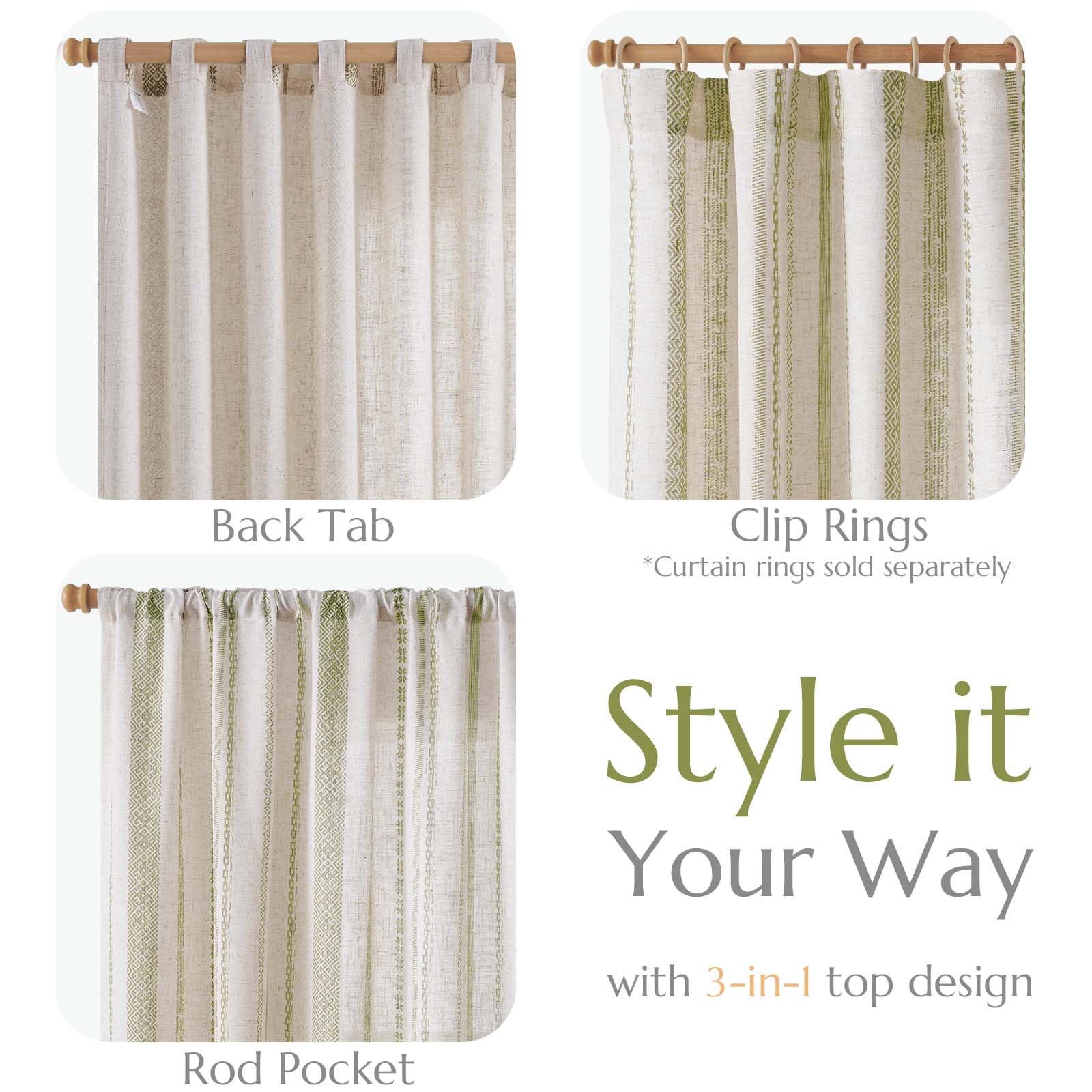 Foto 6 pulgar | Cortinas Jinchan, Mezcla De Lino, Estilo Bohemio, 214 X 213 Cm, Estampado Verde, Beige - Venta Internacional.