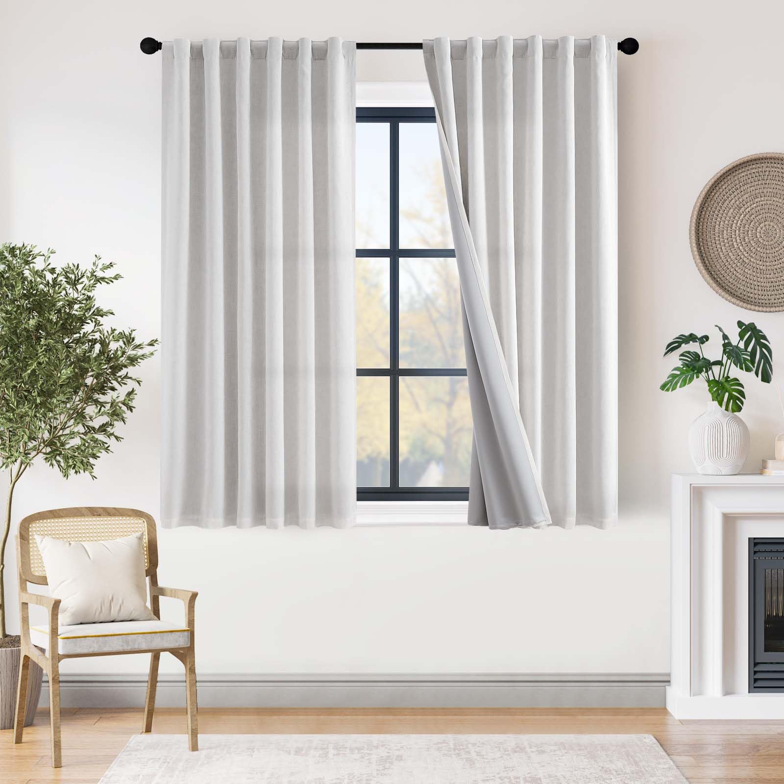 Cortinas De Lino Opacas Jinchan, 160 X 160 Cm, Blanco Grisáceo, 2 Paneles - Venta Internacional.