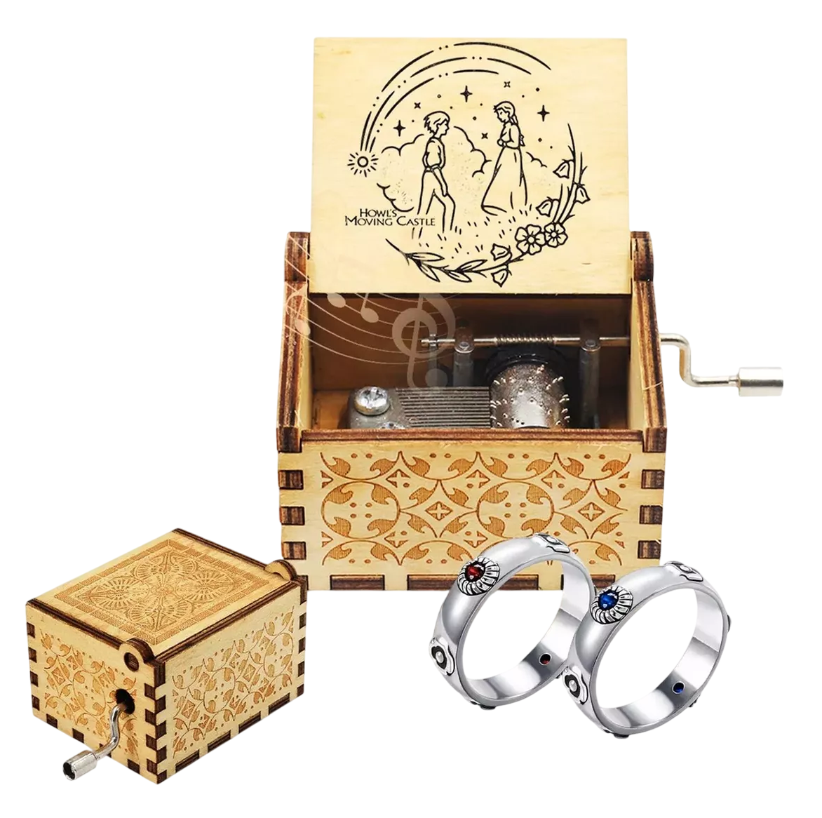 Caja Musical Sophie Y Howl Castillo Ambulante + Anillo 3 Pzs, Cafe Claro/plata