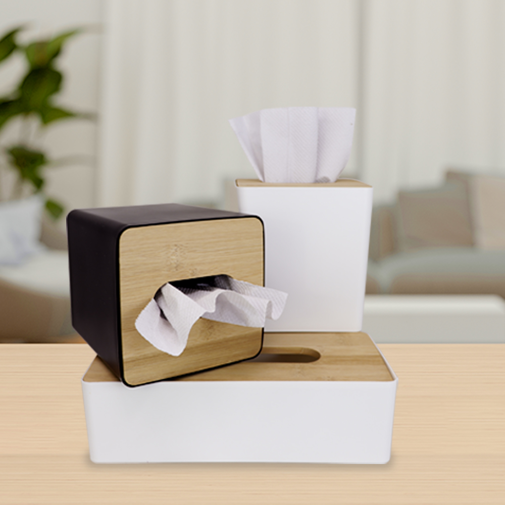 Foto 4 pulgar | Caja para Pañuelos Ideën Rectangular Blanca con Tapa de Bambú