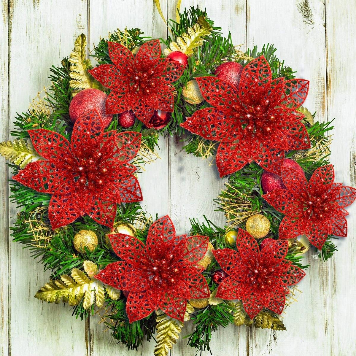 Foto 4 | 40 Piezas Decoración Para Árbol Navidad Flores Artificiales, Rojo