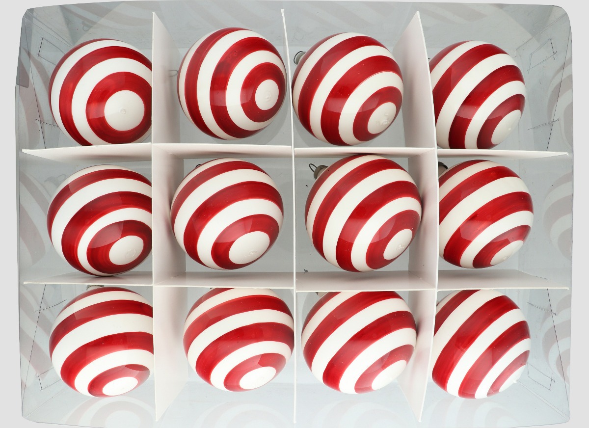 Esferas De Navidad Caramelo 12pz Decoración Navideña Árbol, Rayas Horizontal Rojas