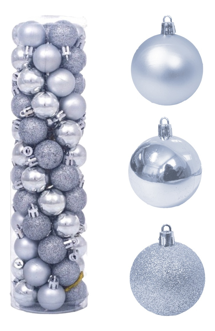 Set De 60 Esferas Navideñas Plástico En Tubo N°6, Plata