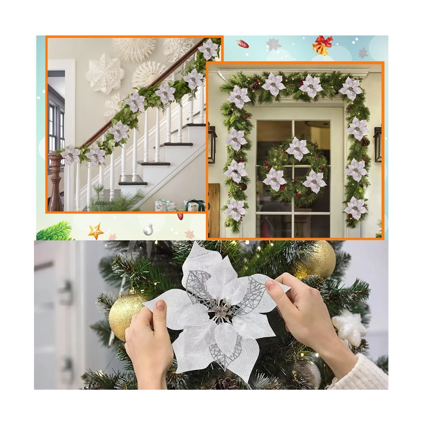 Foto 6 pulgar | Flores de Navidad Belug Plateadas 22 cm 12 Piezas