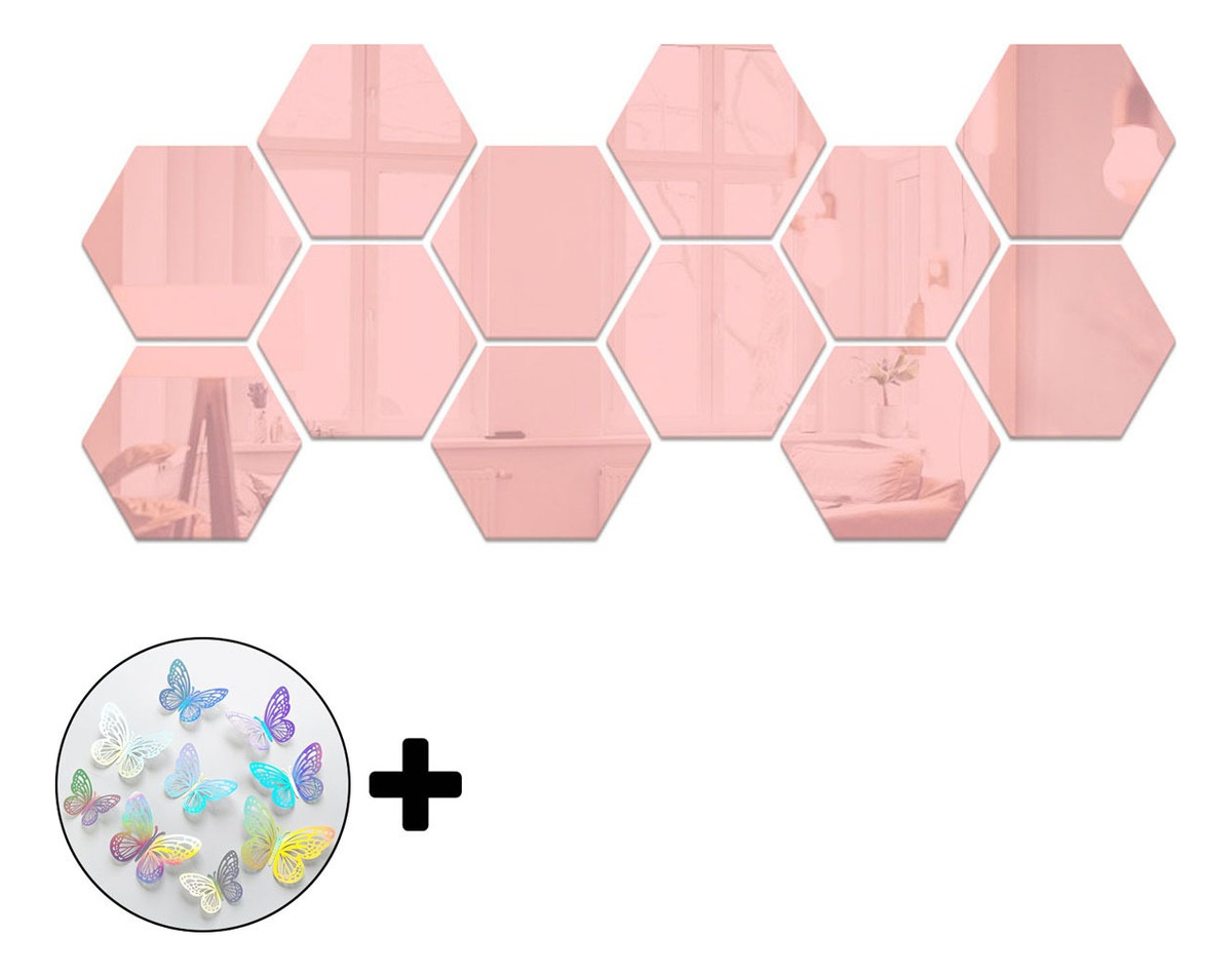Pegatinas Decorativas tipo Espejo para Pared 48 Piezas + Mariposas 12 Piezas Rosas