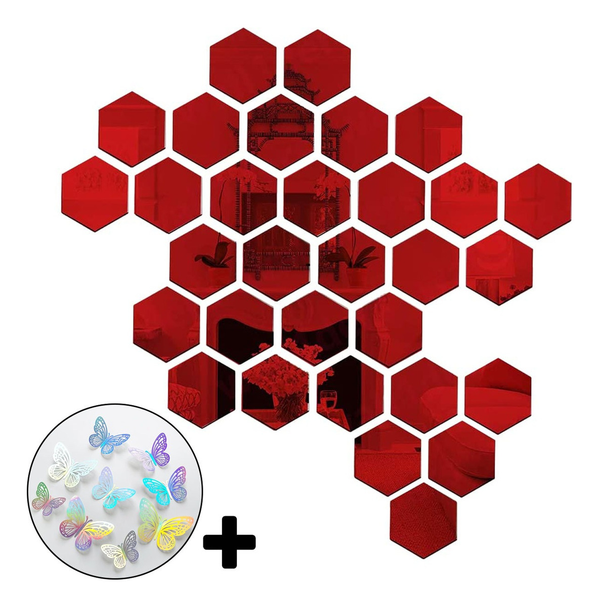 Pegatinas Decorativas tipo Espejo para Pared 48 Piezas + Mariposas 12 Piezas Rojo