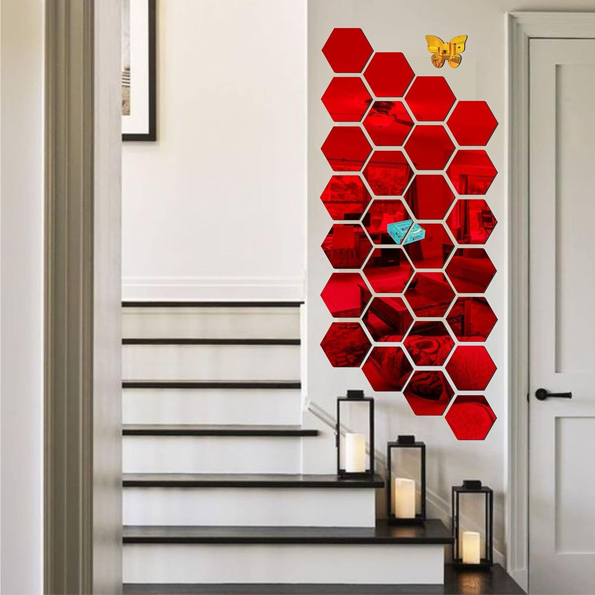 Foto 3 pulgar | Pegatinas Decorativas tipo Espejo para Pared 48 Piezas + Mariposas 12 Piezas Rojo
