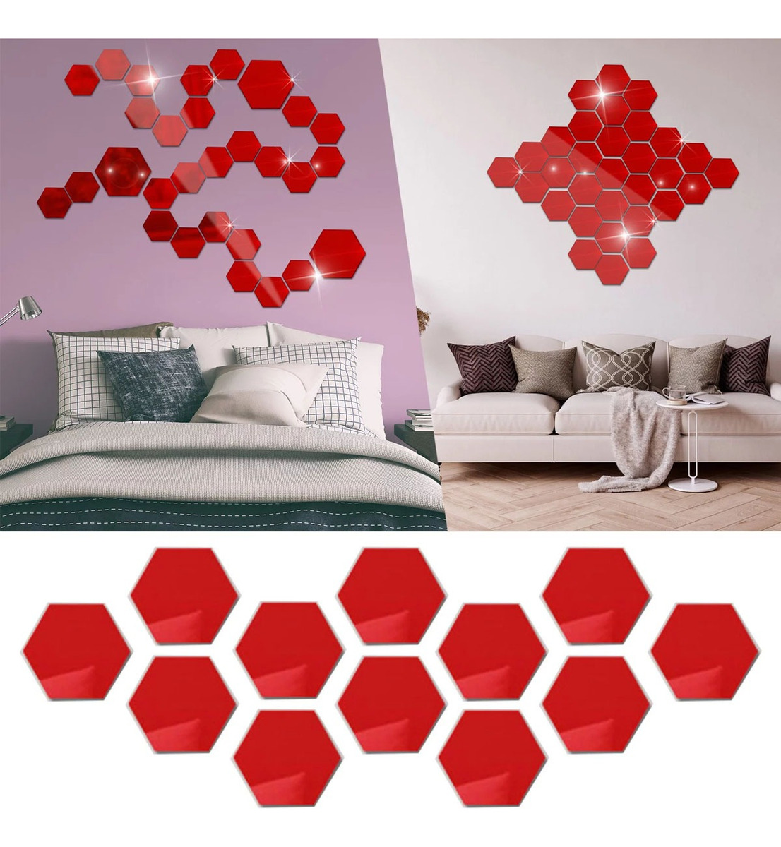 Foto 4 pulgar | Pegatinas Decorativas tipo Espejo para Pared 48 Piezas + Mariposas 12 Piezas Rojo