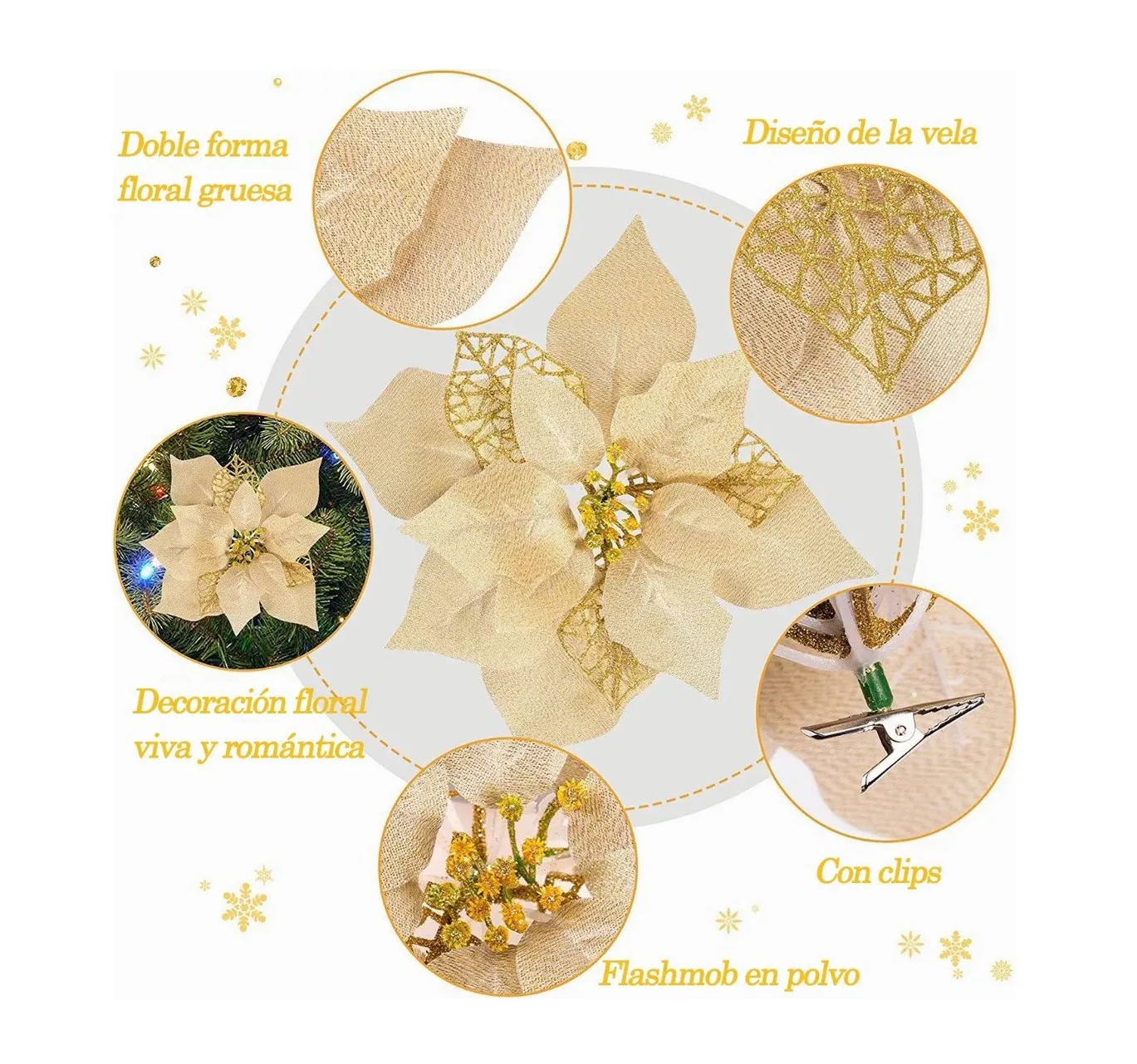 Foto 4 | Flores Noche Buenas Navideñas Artificiales 12 Pcs, Dorado