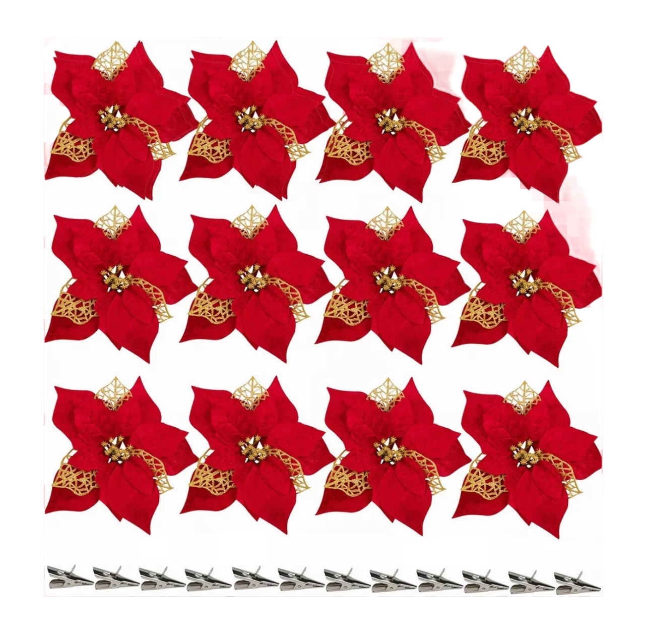 Flores Noche Buenas Navideñas Artificiales 12 Pcs  Clip 12 Pzs, Rojo