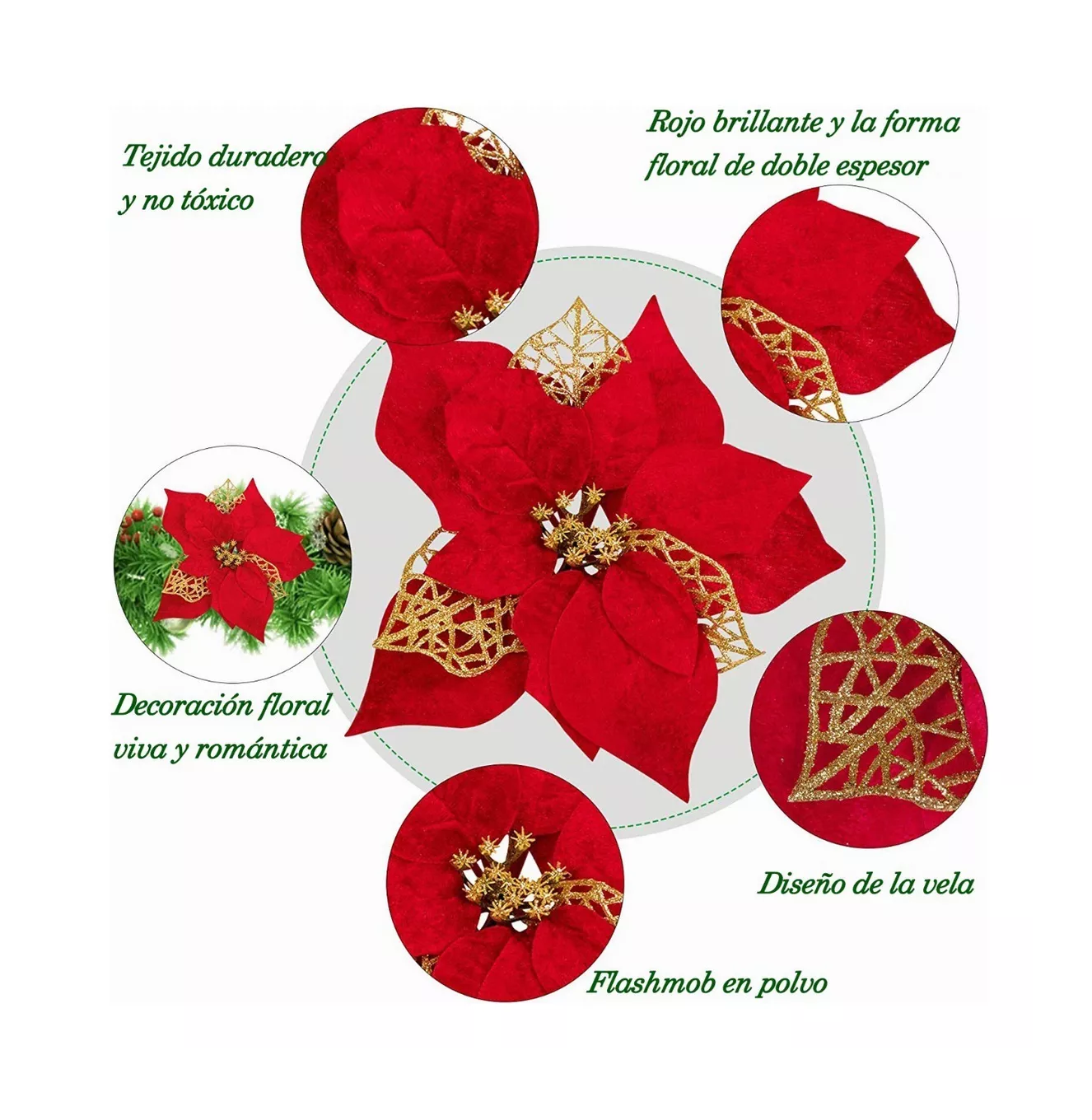 Foto 4 | Flores Noche Buenas Navideñas Artificiales 12 Pcs  Clip 12 Pzs, Rojo