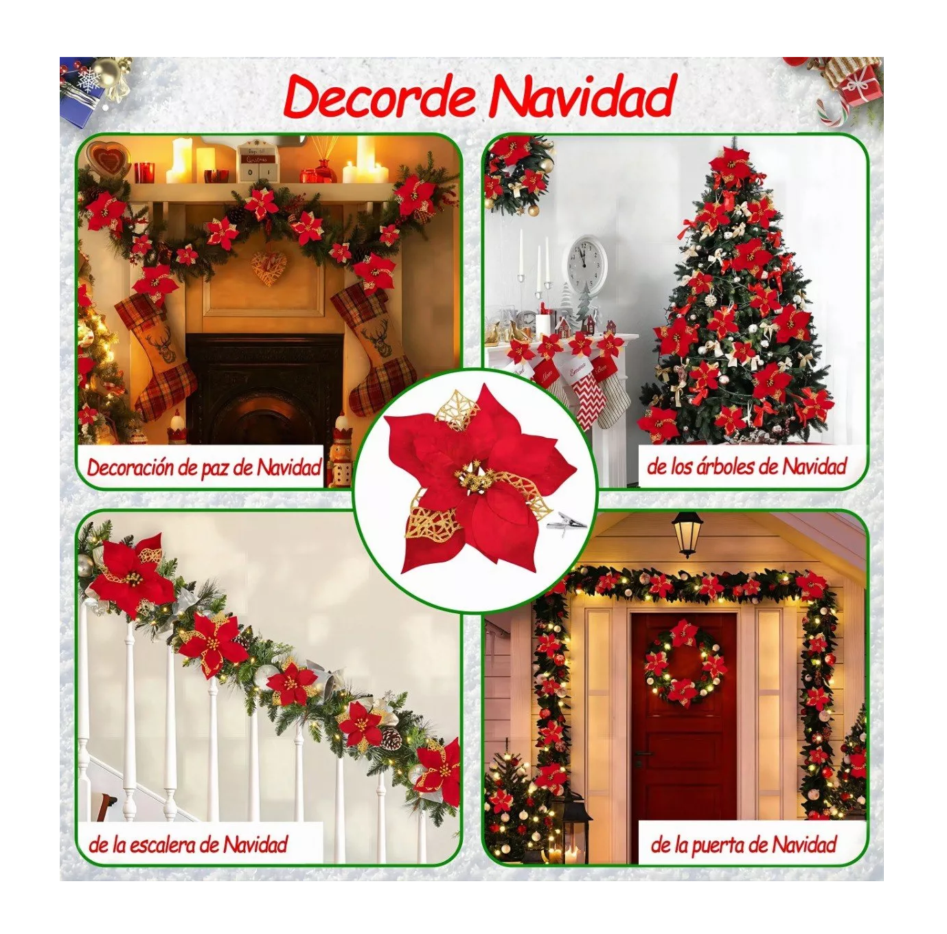 Foto 5 | Flores Noche Buenas Navideñas Artificiales 12 Pcs  Clip 12 Pzs, Rojo