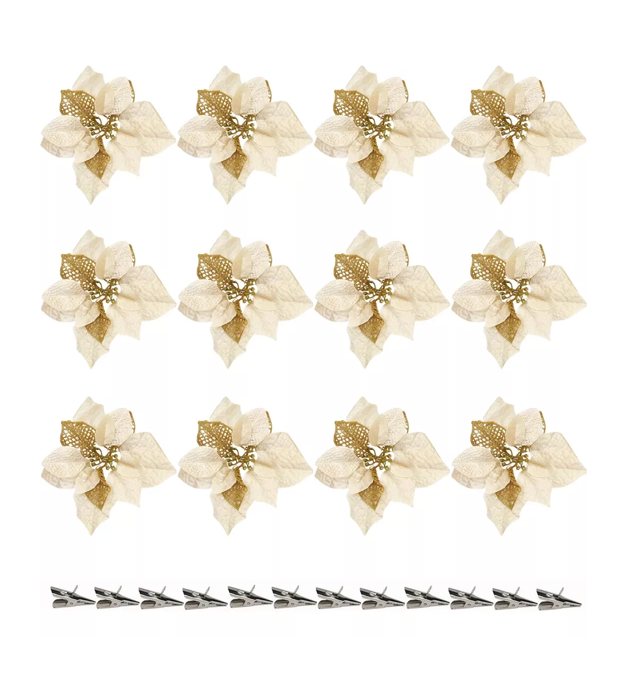Flores Noche Buenas Navideñas Artificiales 12 Pcs, Dorado
