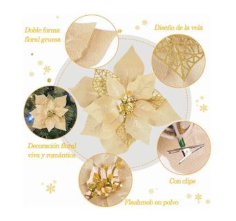 Foto 4 | Flores Noche Buenas Navideñas Artificiales 12 Pcs, Dorado