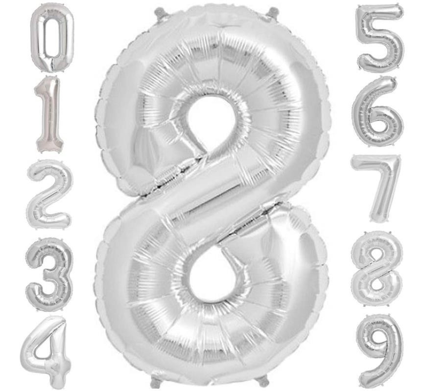 Globo Metálico Numero Gigante 82 Cm Plata Núm 8