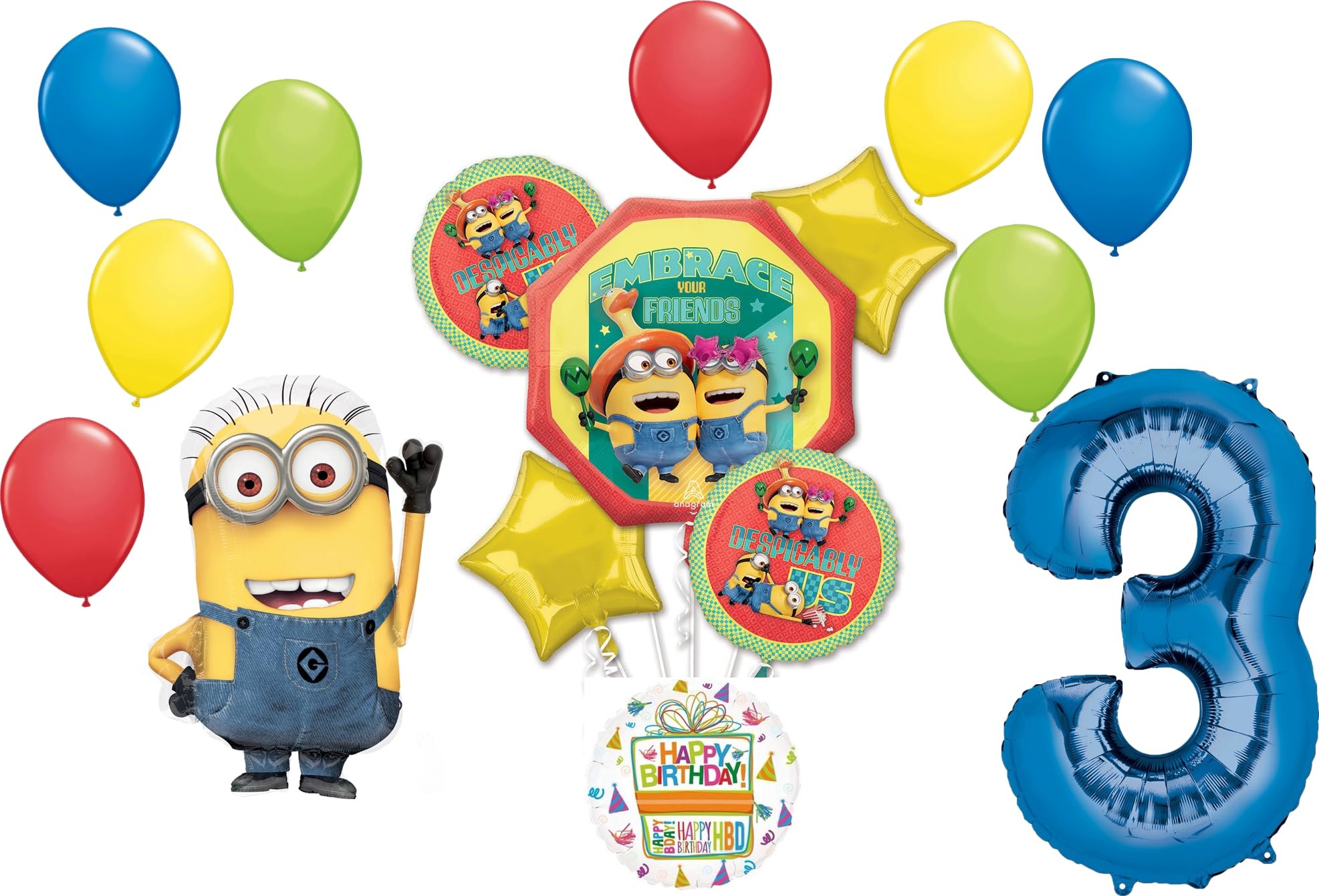 Anagrama Con Forma De Ramo De Globos, Mi Villano Favorito, Minions, Tercer Cumpleaños - Venta Internacional.