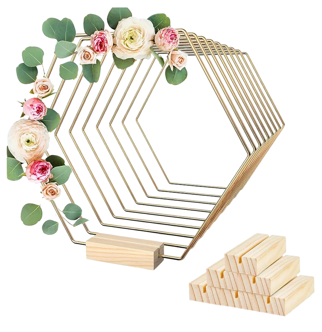 Centro De Mesa Con Forma De Aro Floral De Metal, 10 Unidades Dorado Base Madera Hexagoanal