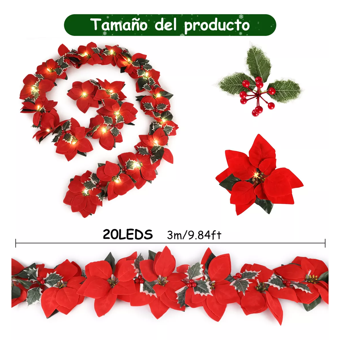 Foto 3 pulgar | Serie Luces Navideñas Decoracion Árbol De Navida 3m 20flores Rojas