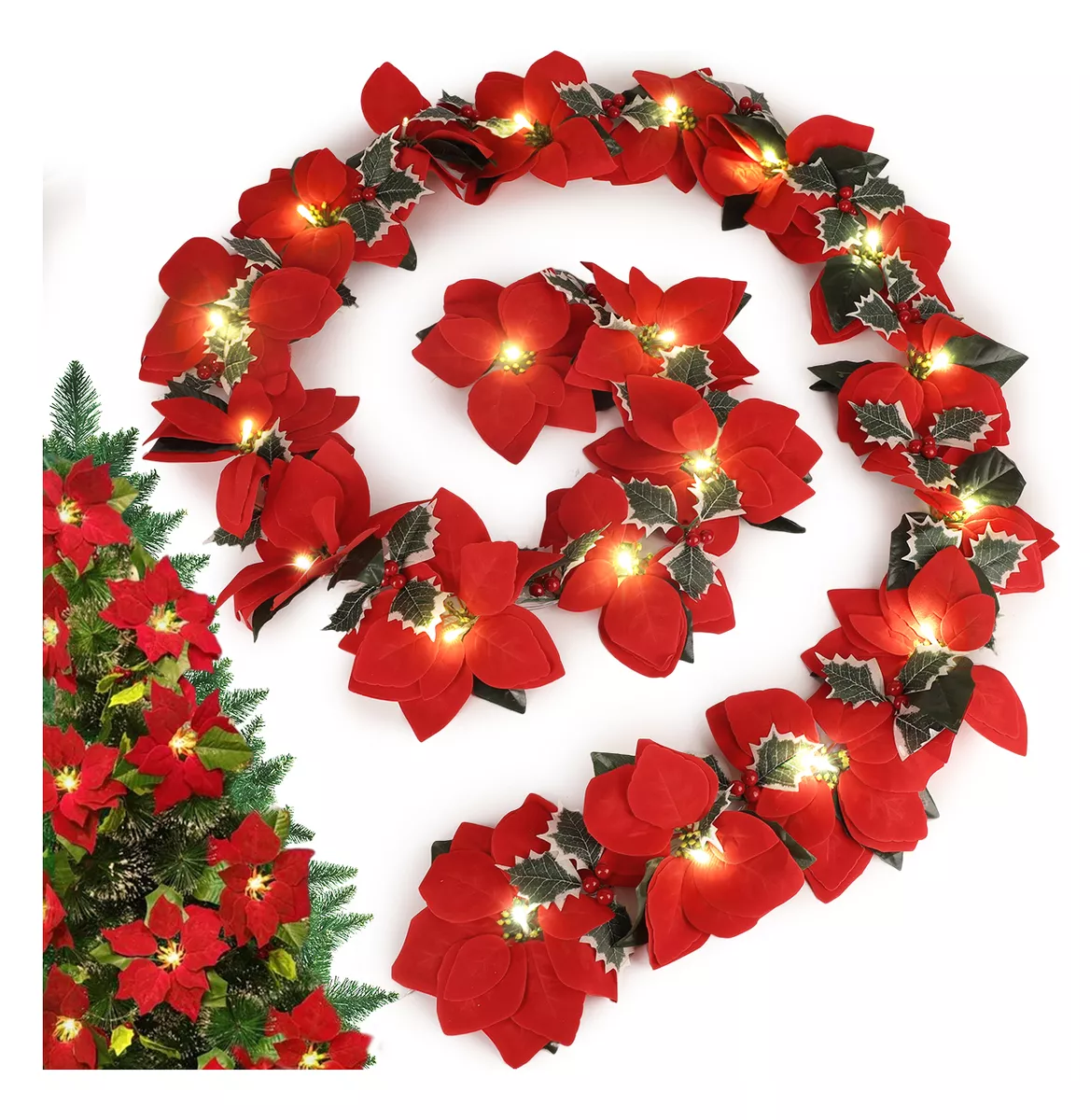 Foto 4 pulgar | Serie Luces Navideñas Decoracion Árbol De Navida 3m 20flores Rojas