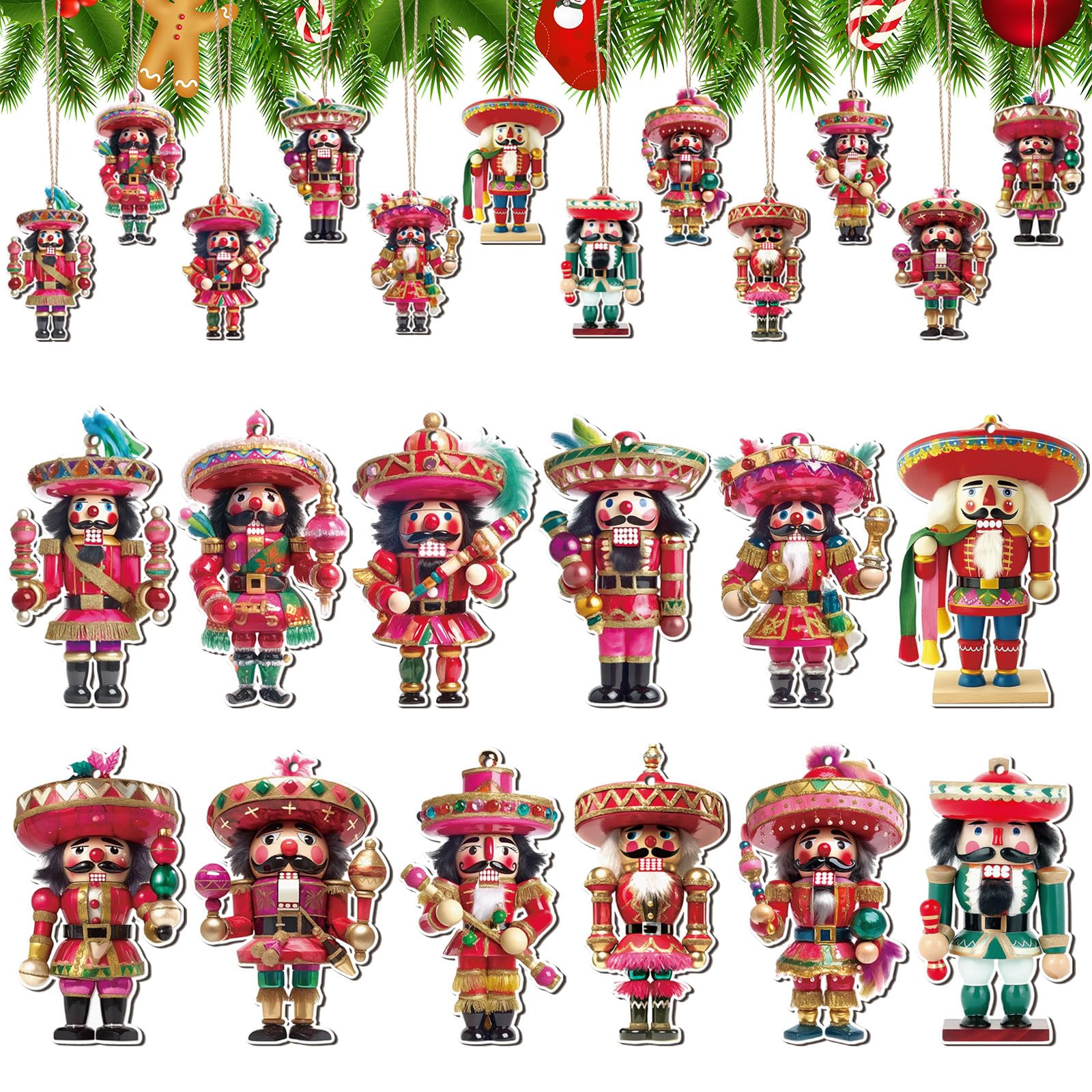 Ornaments Syhood Christmas Con Forma De Cascanueces Mexicano, Madera, 10 Cm, 24 Unidades - Venta Internacional.