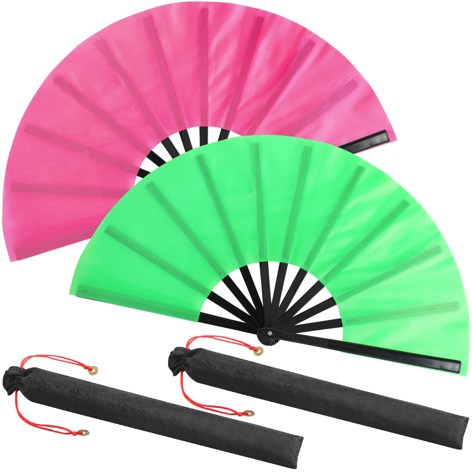 Abanico De Seda Plegable A Mano Maitys Chinese Tai Ji Verde/rosa Rojo - Venta Internacional.