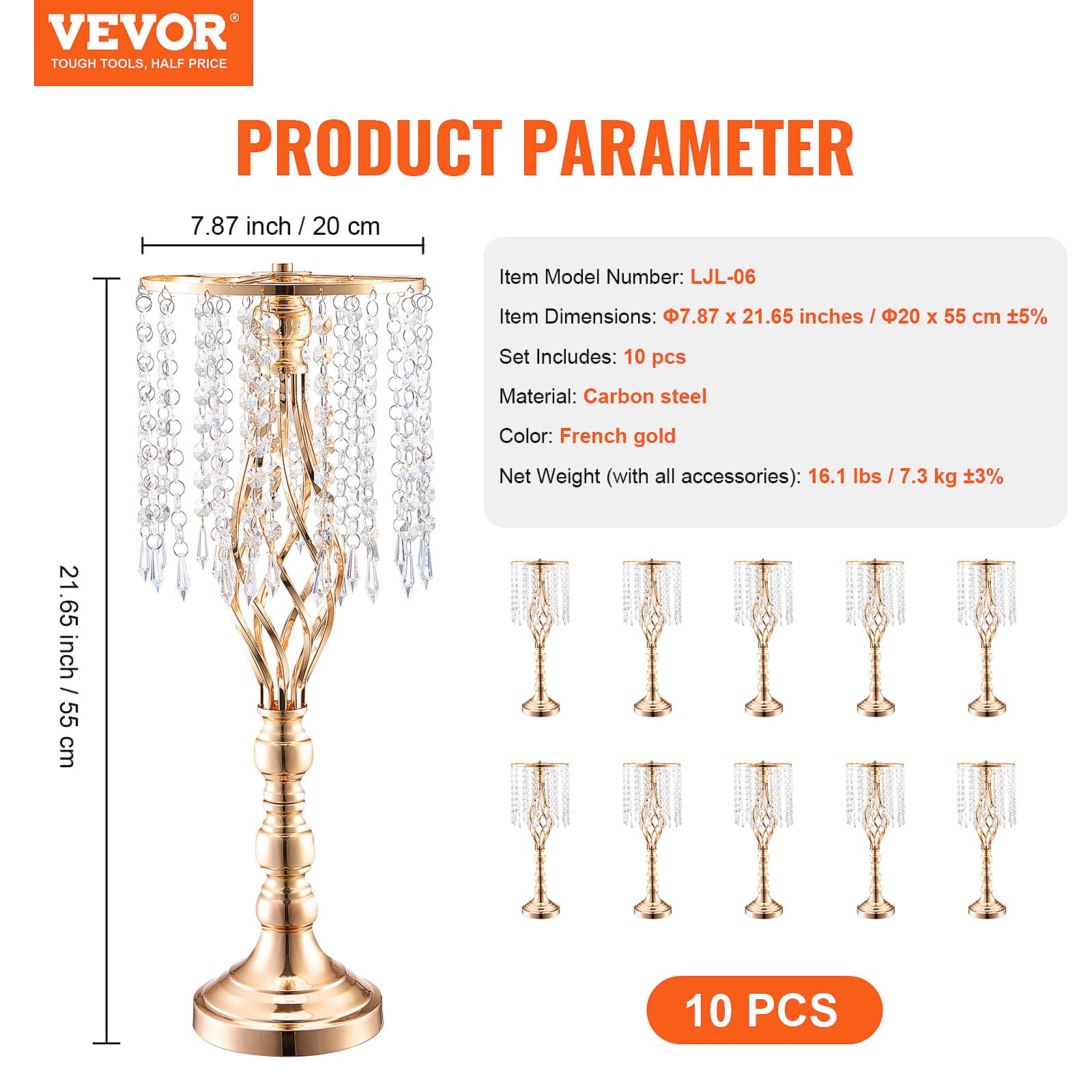 Foto 7 | Soporte para Flores Vevor Crystal 10 Piezas Doradas - Venta Internacional