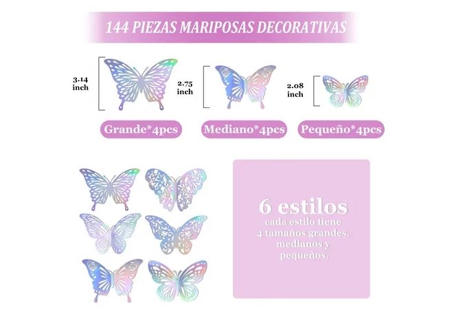 Foto 4 pulgar | Xtellar Pack De 144 Mariposas 3d Metálicas Decorativas Para El Hogar, Elementos Brillantes Y Elegantes 10x13cm Para Pa