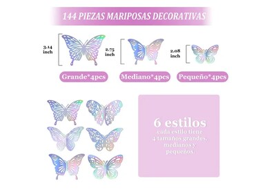 Foto 3 | Xtellar Pack De 144 Mariposas 3d Metálicas Decorativas Para El Hogar, Elementos Brillantes Y Elegantes 10x13cm Para Pa